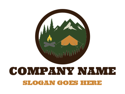 camping logo tent on mountains with pine trees