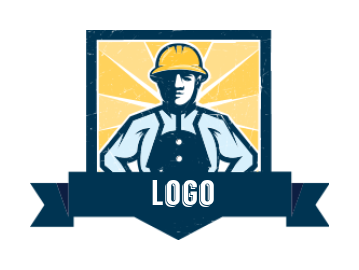 construction logo  worker inside square ribbon