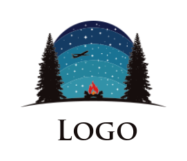 travel logo night with bonfire and pine trees