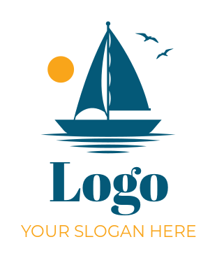 create a travel logo boat with sails in sea with sun and birds