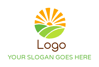Create a landscape logo brushed farm and sun 