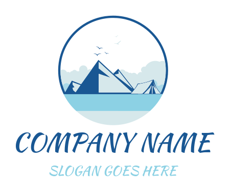 travel logo camping tent and mountains in circle