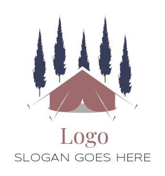 camping logo icon tent in middle of pine trees