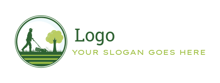 design a landscaping logo field and man mowing grass near tree