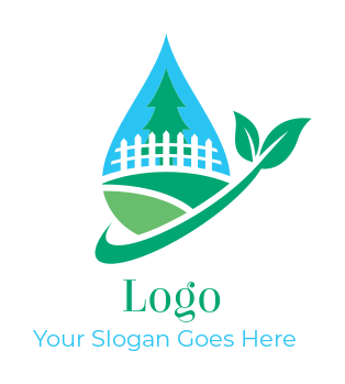 create a landscape logo garden inside water drop with swoosh leaf 