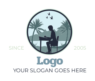 landscape writer by beach in circle logo concept