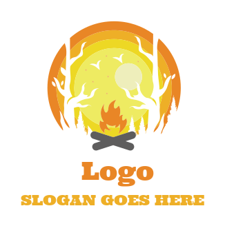 travel logo camp fire with negative space trees