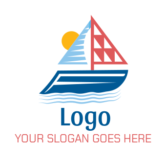 Sail Boat floating on sea with sun logo idea