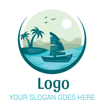 Sail Boat with palm trees and sun logo icon