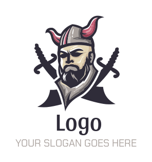 Viking with horns and criss cross swords logo design