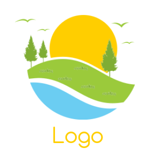landscape logo with sun trees river and grass