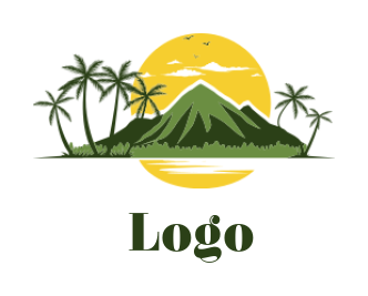 design a travel logo beautiful landscape with mountains and sun trees 