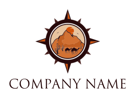 design a travel logo desert with camel and cactus inside compass 