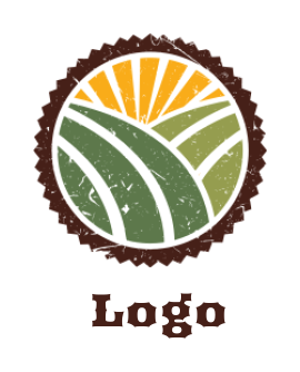 agriculture logo fields with sun rays in emblem