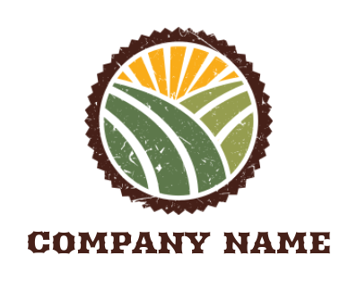 agriculture logo fields with sun rays in emblem