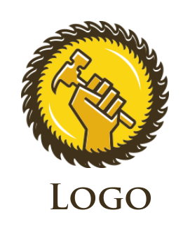 design a construction logo hand holding hammer inside Circular saw 