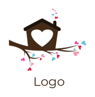 dating logo illustration heart inside bird house on branch with hearts 