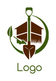 make a home improvement logo house with shovel lawnmower and leaf - logodesign.net