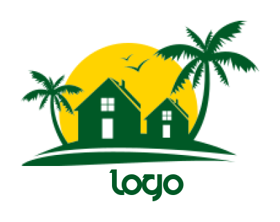 property logo houses with palm tree front of sun