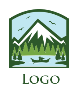 design a travel logo illustration boat in river with pine trees and mountains