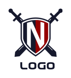 Letter N logo icon inside shield with swords