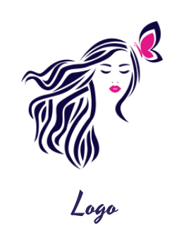 beauty logo woman face in long hair with butterfly