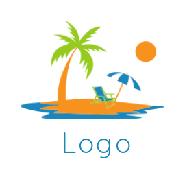 travel logo illustration palm tree on island with sun umbrella and chair 