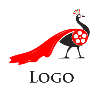 design a pet logo peacock wearing movie reel wheel cape 