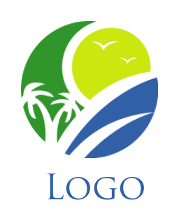 travel logo sun palm trees and waves in circle