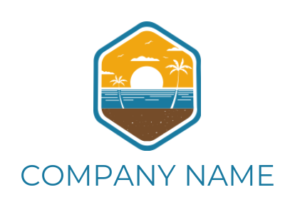 make a travel logo sunset beach with palm trees in hexagon