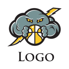 design a sports logo thunder cloud with lightning bolt holding basketball 