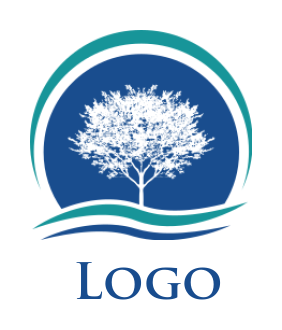 landscape logo icon tree inside circle with swoosh and waves - logodesign.net