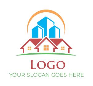 real estate logo illustration buildings over gable roof house and sun 