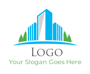real estate logo illustration buildings with trees over arc 