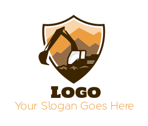 construction logo symbol digger crane with mountains & stones in shield 