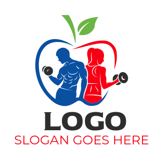 Fitness logo persons with dumbbells in apple