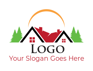 design a real estate logo houses with trees under arc