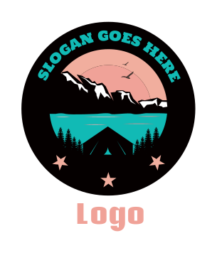 camping logo tent with lake mountains trees