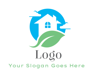 home improvement logo leaf across house clouds