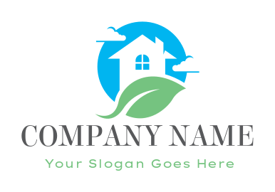 home improvement logo illustration leaf across house and clouds - logodesign.net
