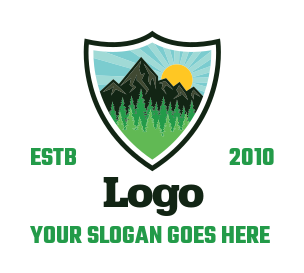 make a travel logo mountains with pine trees and sun inside shield