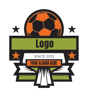 sports logo symbol soccer with ribbons in badge