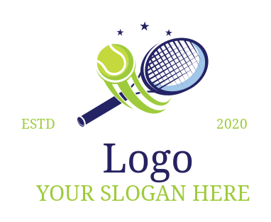 tennis racket with swoosh ball and stars logo template