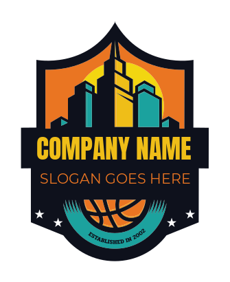 sports logo basketball camp badge with buildings