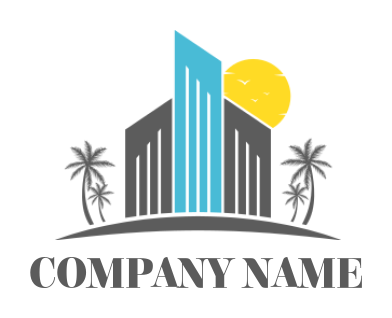 real estate logo illustration abstract buildings with palm trees and sun