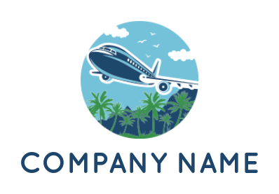 generate a travel logo airplane over mountains with palm trees