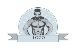 fitness logo bodybuilder in circle with ribbon