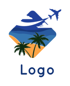 travel logo illustration beach with airplane palm tree and yacht