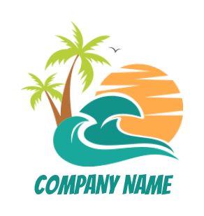 travel logo beach waves and palm trees with sun