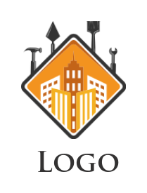 Generate a construction logo of buildings in square with tools 